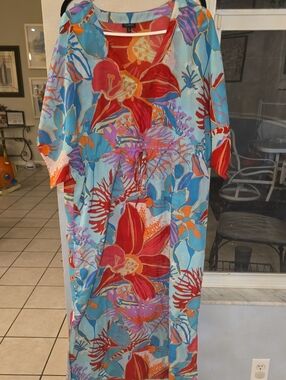 Talbots Blue Floral Swimwear Cover-Up with Red and Orange Accents